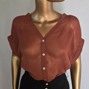 Olive & Oak Brick Red Short-Sleeve Button Front Blouse
